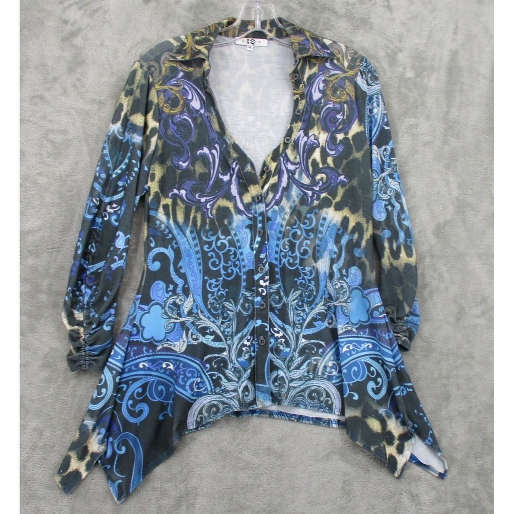 IQ Paris Shirt Womens Size M Blue Animal Print Paisley Button Front Stretch Knit